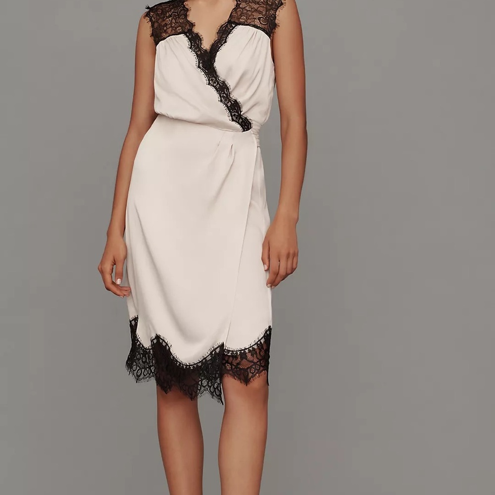 BY ANTHROPOLOGIE Sleeveless V-Neck Lace Wrap Midi Dress Blush Pink Black